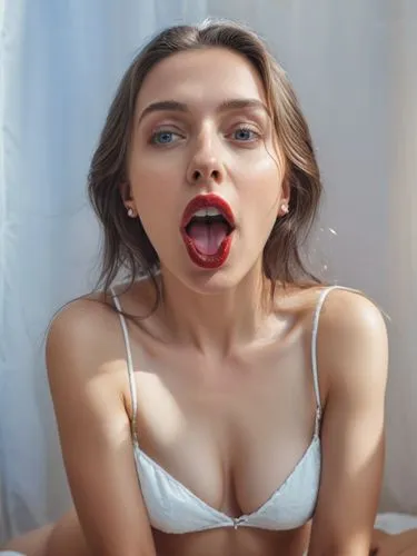 Virgin with open eyes, tongue outstretched, posing in front of the camera.,a woman laying on a bed with her tongue out,sgh,tongue,licking,labios,tongue out,dsl,Photography,General,Natural