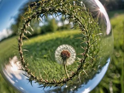 mirror in the meadow,lensball,crystal ball-photography,parabolic mirror,dandelion seeds,glass sphere,little planet,circle shape frame,glass ball,mirror in a drop,round autumn frame,earth in focus,magnify glass,flower frame,door wreath,feather bristle grass,grass blossom,dream catcher,grass seeds,blade of grass,Photography,General,Realistic