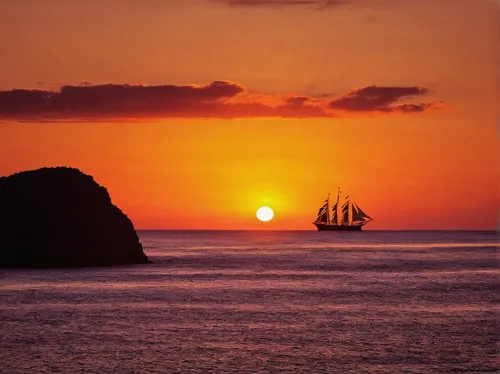 sunset, ship, sea, rock, sky, water, waterscape Esmeraldaphoto preview,sailing ships,three masted sailing ship,sea sailing ship,sailing ship,old wooden boat at sunrise,east indiaman,sail ship,ascensio