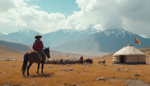 High-altitude plateau landscape, vast open space, rolling hills, scattered Tibetan prayer flags, traditional Mongolian yurt, nomadic tribe people, warm clothing, fur-lined hat, bright colored scarf, w