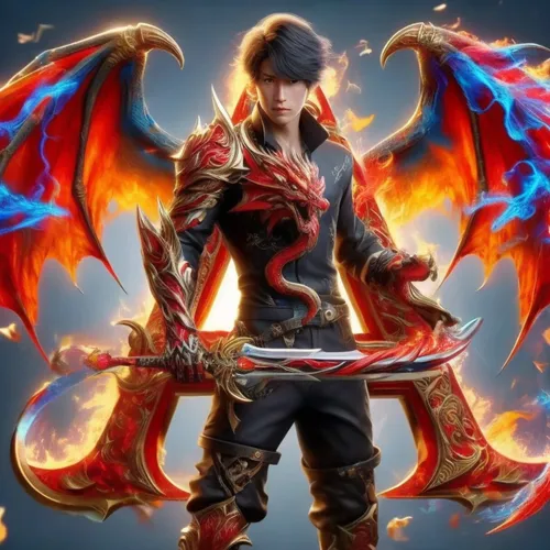 Move the sword of Kalamuhharbin,a very pretty female character in a fantasy world,dralion,fire angel,firedrake,flame robin,firebrand,hiryu