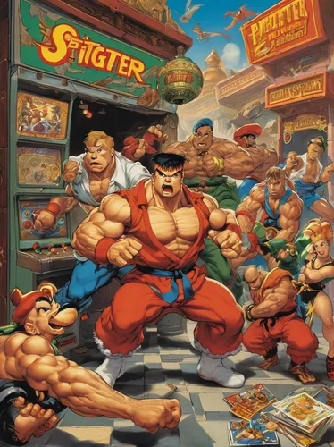 Compose a humorous street fighter story set in a bustling arcade.,neo geo,snes,popeye village,popeye,dosbox,super nintendo,game illustration,video game arcade cabinet,cartoon video game background,sho