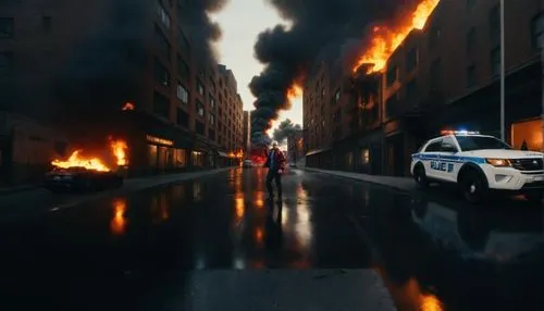 realistic, HD, accurate detail, unreal engine, city, on fire, Police pointing weapons away from camera, police cars,,sweden fire,city in flames,the conflagration,nypd,inferno,riot,9 11,911,brand,arson