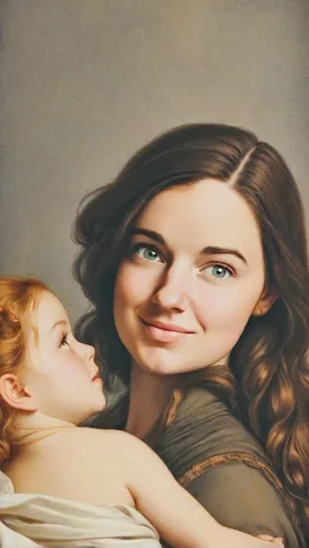 Two portraits: a brown-haired woman and a three-year-old blond girl. Renaissance style image. Style: Raphael Santi.,little girl and mother,mother with child,church painting,jesus child,the girl's face