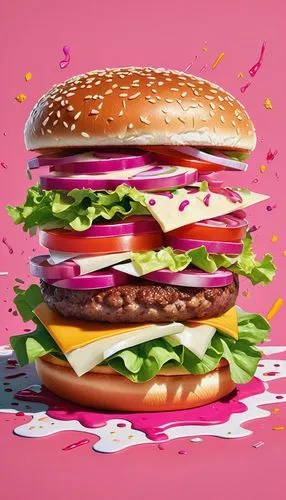 The image is an illustration of a burger. The burger is in the center of the image and is made up of a large bun with a pink patty on top. The bun is filled with lettuce, tomato, cheese, and other top