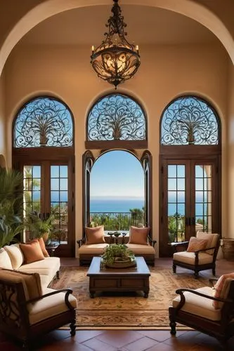 luxury home interior,sunroom,palmilla,family room,stucco ceiling,bay window,montecito,sitting room,interior decor,wooden windows,french windows,breakfast room,living room,vaulted ceiling,fireplaces,plantation shutters,penthouses,great room,big window,alcove,Illustration,American Style,American Style 02