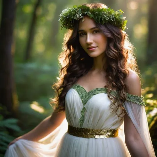 celtic woman,beautiful girl with flowers,faerie,faery,fairy queen,girl in a wreath,celtic queen,enchanting,dryad,green wreath,tatia,bridal dress,maenad,floral wreath,laurel wreath,persephone,spring crown,tuatha,fairie,flower crown,Illustration,Retro,Retro 22