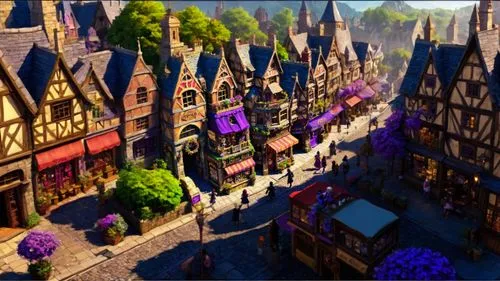 
Anime style, art nouveau, digital game art, hogsmeade: aeriel street view, medieval fantasy, whimsical narrow buildings, shops, a bustling city street, stone tudor and victorian architecture. morning