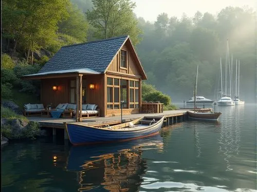 houseboat,house by the water,floating huts,boat house,house with lake,summer cottage,houseboats,boat shed,boathouse,boathouses,boatshed,fisherman's house,deckhouse,boat landscape,cottage,wooden house,wooden boat,inverted cottage,summer house,boat dock,Photography,General,Realistic