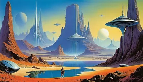 Surreal futuristic sci-fi landscape in the style of William Roger Dean, YES album cover,a painting of some sci - fi ships and some alien land,futuristic landscape,alien world,alien planet,farpoint,hom