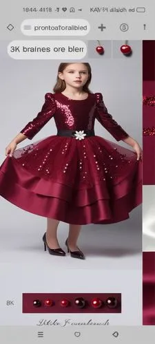 3d drawing of sequin satin dress with dark burgundy very little cherries with three layers kalosh 
First layer is sequin pink with  dark sequins burgundy little cherries with sequin branches of cherri