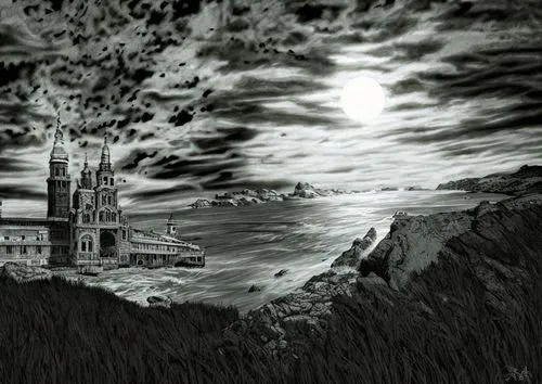 gunkanjima,orthanc,ghost castle,industrial landscape,post-apocalyptic landscape,haunted castle,haunted cathedral,ruined castle,castle of the corvin,industrial ruin,lignite power plant,peter-pavel's fortress,sunken church,apocalyptic,darklands,innsmouth,murnau,nuclear power plant,game drawing,notredame,Art sketch,Art sketch,Comic