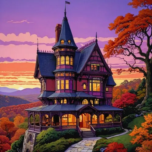 witch's house,house silhouette,fairy tale castle,fairytale castle,witch house,house painting,Illustration,American Style,American Style 03