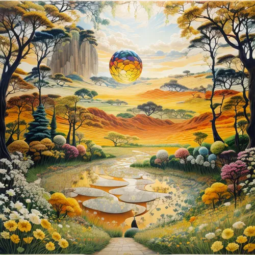 mushroom landscape,fantasy landscape,autumn landscape,fantasy picture,the mystical path,spring equinox,garden of eden,fairy world,forest landscape,psychedelic art,landscape background,nature landscape,fantasy art,salt meadow landscape,oil painting on canvas,yellow garden,secret garden of venus,landscapes,high landscape,mother earth