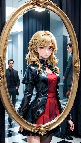 doll looking in mirror,in the mirror,magic mirror,makeup mirror,mirror,outside mirror,the mirror,tsumugi kotobuki k-on,mirror reflection,mirror frame,kotobukiya,anime 3d,door mirror,self-reflection,persona,reflection,cosplay image,wood mirror,poi,mirror image,Anime,Anime,General