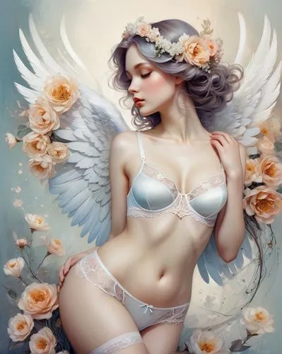 vintage angel,angel wings,baroque angel,fallen angel,angel girl,flower fairy,Illustration,Realistic Fantasy,Realistic Fantasy 15