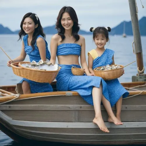 A smiling Japanese mother and daughters wearing loincloths printed with Japanese style blue waves, sitting on a fishing boat, holding two baskets of oysters.,two women and one girl holding baskets of 