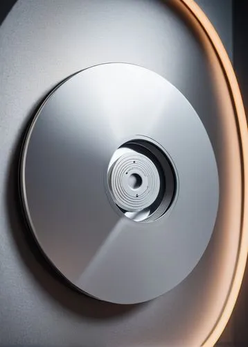 Modern CD architecture, futuristic design, silver metallic material, sleek lines, geometric shapes, circular disc slot, LED lights, buttons, touchscreen interface, compact size, wall-mounted installat