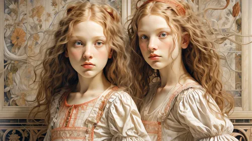 mirror image,joint dolls,porcelain dolls,two girls,the three graces,doll looking in mirror,gothic portrait,young women,botticelli,mirrored,mirror reflection,mirrors,art nouveau frames,little girls,chi