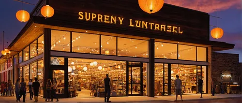 Describe a dreamy Supercell store on a summer evening with glowing lanterns.,shoe store,shopify,brandy shop,jewelry store,book store,outlet store,multistoreyed,store front,supermarket,sugar factory,bo