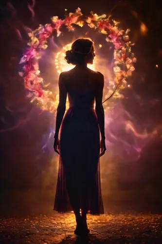 mystical portrait of a girl,fae,crown chakra,divine healing energy,inner light,cosmic flower,woman silhouette,guiding light,divination,aura,cosmos,sorceress,spring equinox,solstice,mysticism,heliosphe