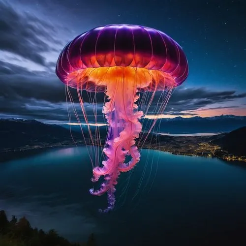 floating over lake,jellyfish collage,paratrooper,parachute jumper,parachuting,jellyfish,Illustration,Abstract Fantasy,Abstract Fantasy 02