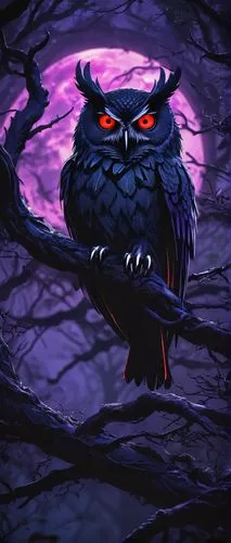 Dark fantasy art, evil owl, solo, nocturnal creature, glowing red eyes, sharp talons, black feathers with purple undertones, mysterious ancient forest, twisted tree branches, misty atmosphere, full mo