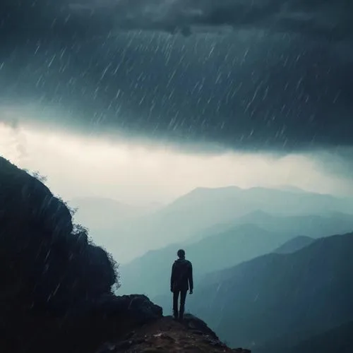 a man standing on top of a mountain overlooking the valley,monsoon,rainfall,heavy rain,man with umbrella,walking in the rain,pertemps