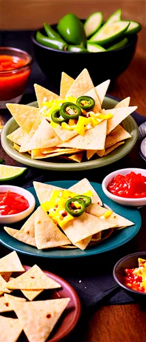  Nachos, triangle shaped tortilla chips, melted yellow cheese, jalapeño peppers, red salsa, green onions, sour cream, plate, appetizer, golden lighting, shallow depth of field, warm color tone, 3/4 co