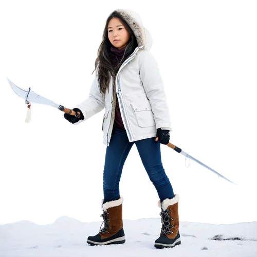 Anorak, Inuit girl, traditional clothing, parka, fur-lined hood, wolf skin, white pants, Kamik boots, holding a harpoon, standing, snowy background, cold climate, winter season, cinematic lighting, sh