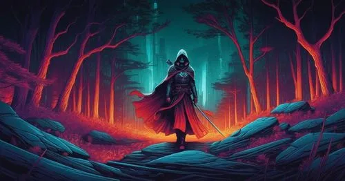 a man in the middle of the woods with a sword,red riding hood,mirkwood,forest dark,forest background,revan,oxenhorn,oscura,nightstalker,the forest,underdark,wight,raistlin,cloak,melkor,the wanderer,au