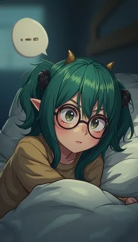 Draw in anime style: An extreme close up of a nerdy, glasses-wearing, horned, green-haired, evil druid girl, tucked into bed laying on her side. Her eyes are open. She looks alert. A large speech bubb