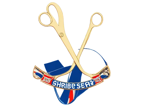 Vintage barbershop logo, circular shape, golden scissors, red-white-blue color scheme, ornate typography, 3D metallic texture, detailed shading, soft focus, close-up composition, warm lighting, transp