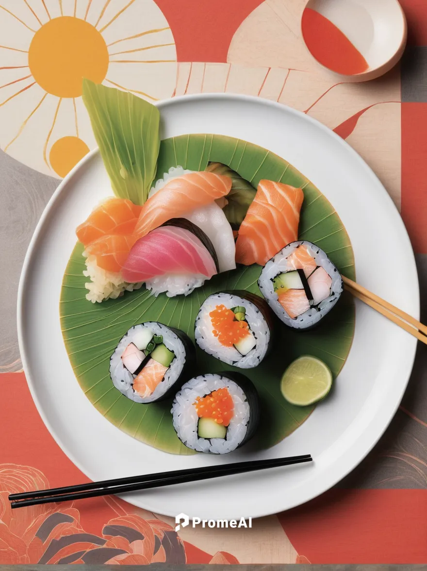 Craft a suspenseful tale of a secret ingredient in the sunny sushi, leading to unexpected twists and turns in customers' lives.,salmon roll,sushi roll images,california roll,sushi set,sushi plate,cali