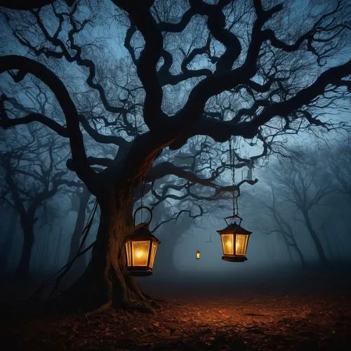 fairy lanterns,lanterns,lamplight,haunted forest,halloween bare trees,enchanted forest,street lantern,lamplighters,hanging lantern,nightlight,angel lanterns,treehouses,illuminated lantern,fantasy picture,hauntings,light of night,halloween background,street lamps,wuthering,halloween scene,Art,Classical Oil Painting,Classical Oil Painting 16