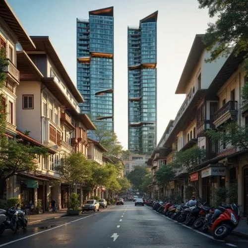 sleek, aerodynamic, biophilic and sustainable designed lighted residential tower with elevated crossways in front.,Contrast comparison of traditional buildings and modern high rise from a street,bangs