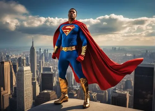 muscular man, superhero, bold chest, ripped arms, tight waist, dynamic pose, iconic logo on chest, vibrant blue and red costume, golden utility belt, flowing cape with intricate texture, metallic boot