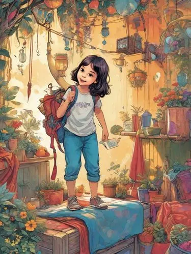 illustração colorida de criança ,the little girl's room,children's background,girl picking flowers,children's fairy tale,little girl reading,pinocchio,kids illustration,fairy tale character,child with