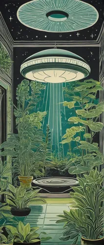 ufo interior,sci fiction illustration,saucer,futuristic landscape,greenhouse cover,spaceship space,scifi,ufo,terrarium,ufos,sci fi,greenhouse,abduction,alien world,extraterrestrial life,aquatic plants,alien ship,alien planet,colony,science fiction,Art,Artistic Painting,Artistic Painting 50