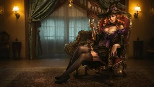 a woman in a wizard hat sitting on a couch,bloodrayne,ceremonials,satine,burlesques,shrilly,rasputina