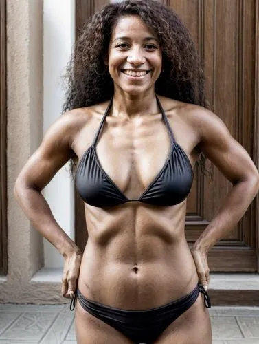 Portrait of a South American dancer for the Pope in a brown bikini. Smiling cheerfully.,sharmell,ikpe,mapei,physiques,muscle woman,athletic body,fitness model,serena,strawweight,abs,fitness coach,mari