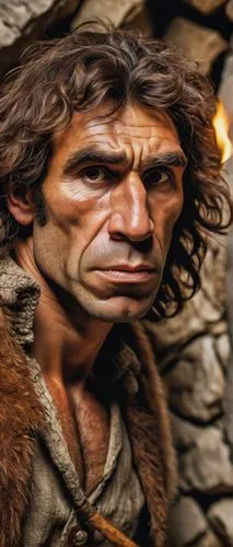 Neanderthal, strong facial features, thick eyebrows, prominent forehead, sharp jawline, messy brown hair, furrowed expression, cave setting, stone walls, torch lighting, rugged clothing, animal hides,