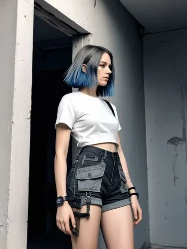 blue hair,halsey,miniskirt,riska,denim skirt,karou