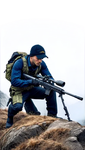 Sniper rifle, metallic material, matte black finish, scope lens, ergonomic grip, camouflage clothing, crouched pose, aiming action, misty atmosphere, distant mountain range, 3/4 composition, shallow d