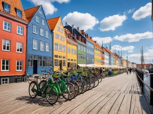 Copenhagen, Nordic design, modern architecture, white façade, minimalist, Scandinavian style, large windows, wooden accents, green roof, urban landscape, Nyhavn harbor, colorful buildings, canal view,