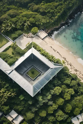 award winning architecture firm Kengo Kuma design a modern minimalist folding pavilion plaza with open views to the ocean and vegetation. Made with noble materials and clear details, with thin steel o