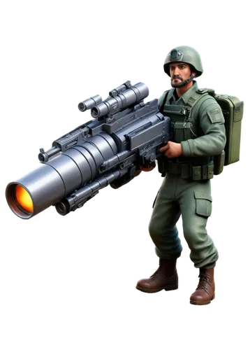 Rocket launcher, metallic structure, detailed mechanical components, trigger grip, soldier's hand holding grip, military uniform, camouflage pattern, dynamic pose, explosive sound effect, smoke emissi