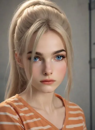 (normal ideal human proportions, mature face, real human proportions)(blue-grey-iris-eyes)(long shoulderlong hair, flaxen-blond, low loose ponytail, ponytail, visible forehead)(blonde-eyebrows)(medium