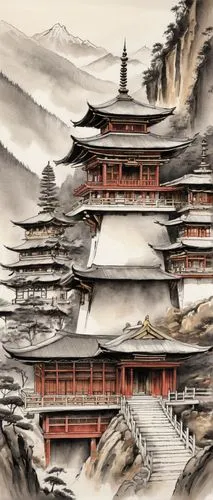 asian architecture,oriental painting,japanese art,yashima,teahouses,cool woodblock images,wudang,qinshan,japan landscape,jinchuan,hengdian,ukiyoe,terraced,hanhwa,dongbuyeo,goryeo,heian,tianxia,dongyin,pagodas,Illustration,Paper based,Paper Based 30