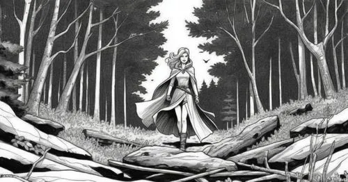 sketch, woman, forestry background, black and white,a drawing of the witch in the woods,claymore,finrod,mirkwood,slender,thranduil,dryad,Illustration,American Style,American Style 13